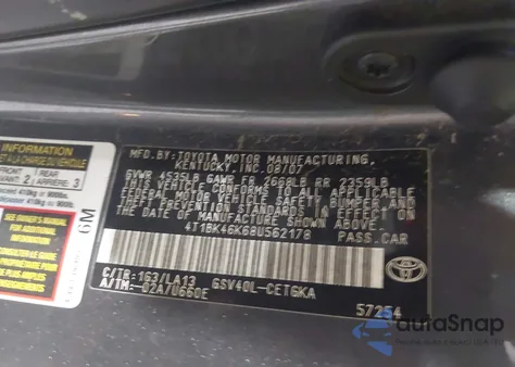 2008 Toyota Camry Xle V6 from USA, damaged, VIN 4T1BK46K68U562178